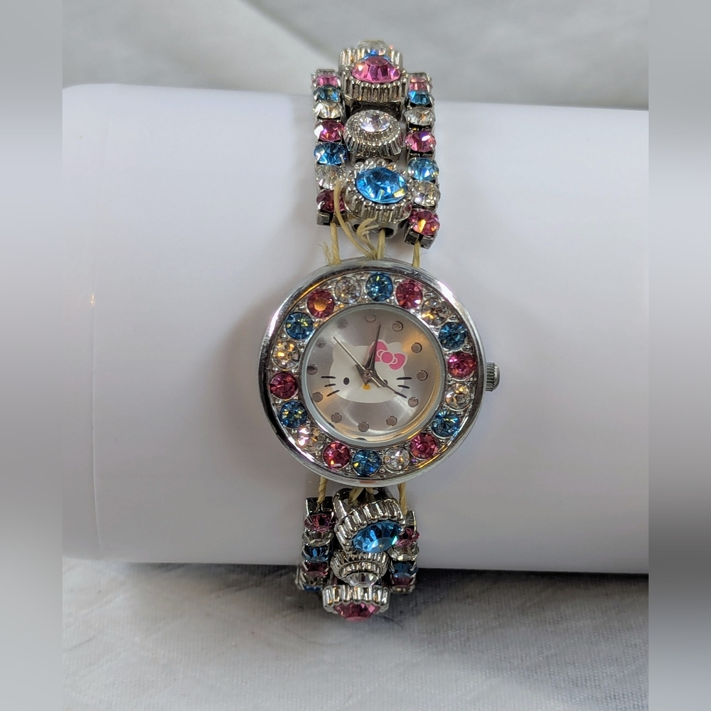 HELLO KITTY Sanrio Bling pink/Blue Rhinestone and Silver Watch